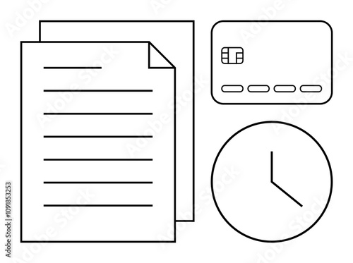 Financial documents, credit card, and clock emphasizing time management. Ideal for finance, banking, scheduling, paperwork, deadlines business and productivity. Line metaphor