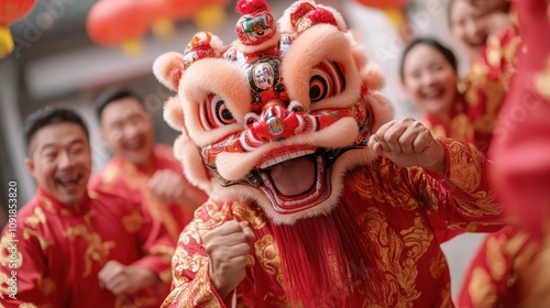 Vibrant Lion Dance Troupe Brings Chinese New Year Blessings Witness the Joyful Tradition of Lion Dancers Visiting Homes, Spreading Luck and Prosperity for the Lunar New Year Experience the Authentic photo