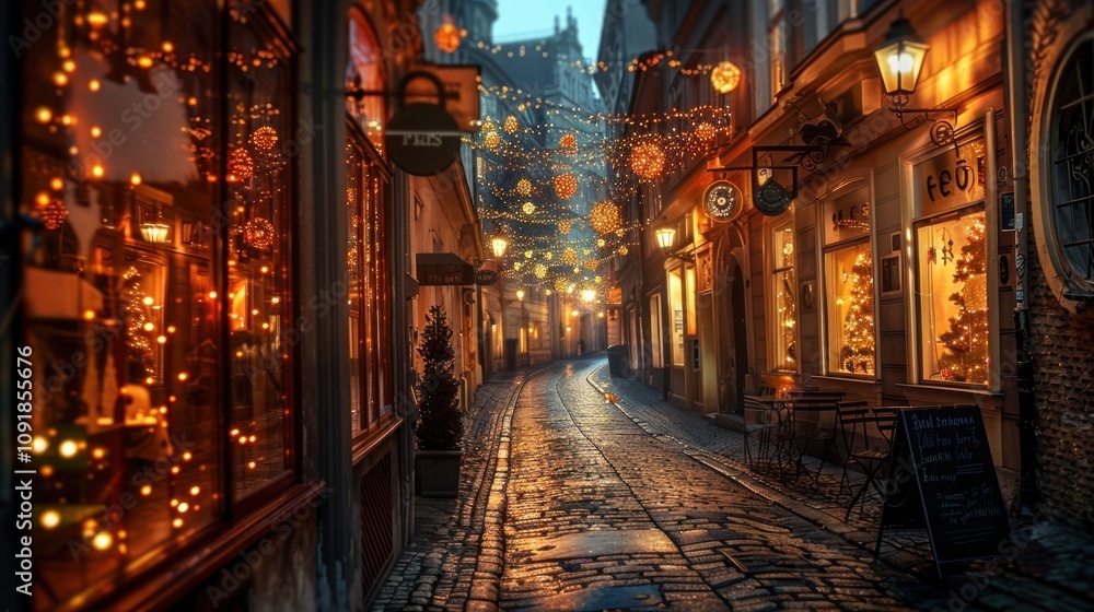 Charming cobblestone street adorned with festive lights. Charming cobblestone street adorned with festive lights.