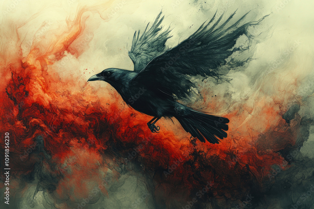 Fototapeta premium black raven in flight against an abstract art background. 
