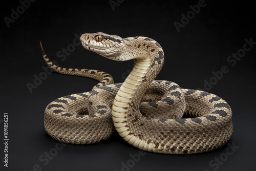 Wallpaper Mural A snake is curled up on the ground. The snake is brown and black. The snake is not moving. Black background Torontodigital.ca