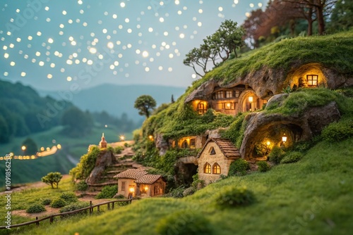 Enchanting Village Troglodyte: A Scenic View with Bokeh Effect Capturing the Unique Architecture and Natural Surroundings of a Troglodytic Settlement in Serene Atmosphere photo