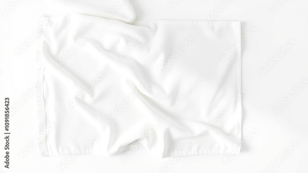 Obraz premium Soft white beach towel on a pristine white background with gentle folds and creases, simple background, soft fabric