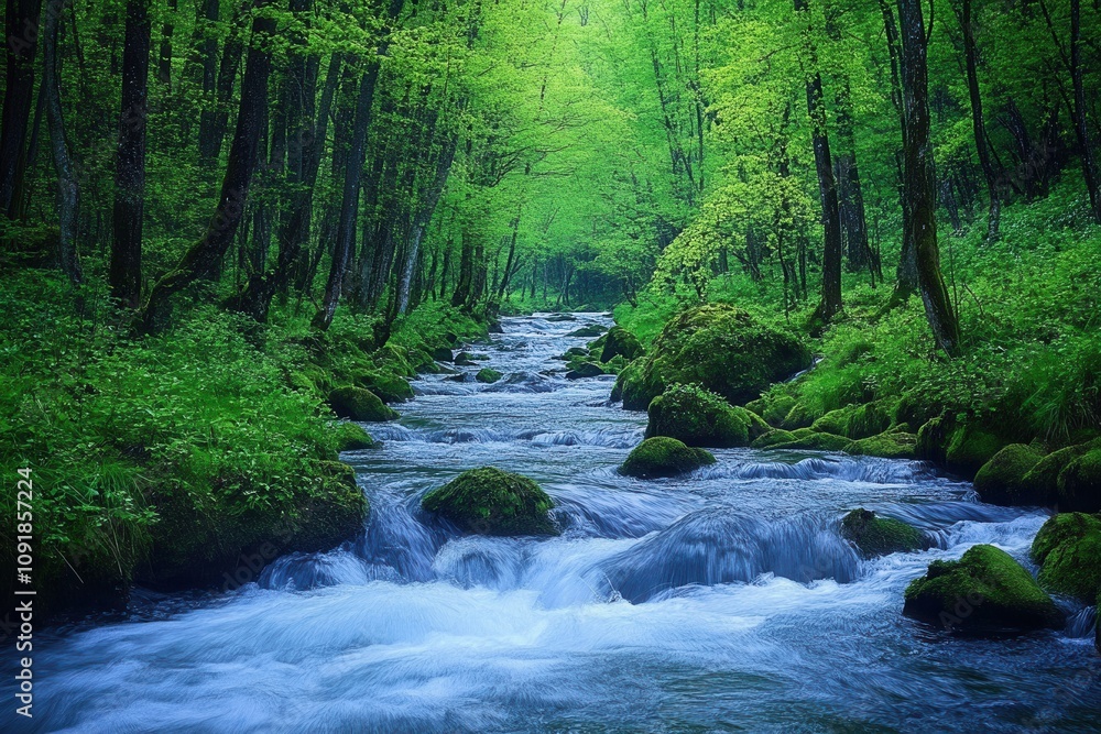 River flowing through lush green forest in spring River flowing through lush green forest in spring