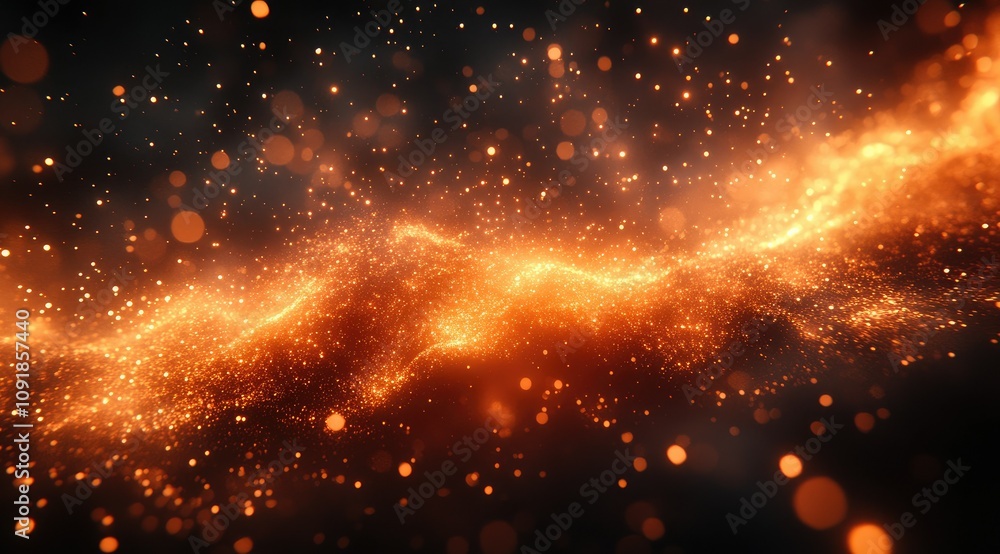 Fototapeta premium Abstract glowing orange particles, energy flow, dark background.