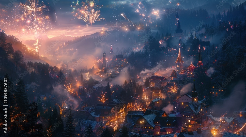 Obraz premium A picturesque village illuminated by fireworks at night.