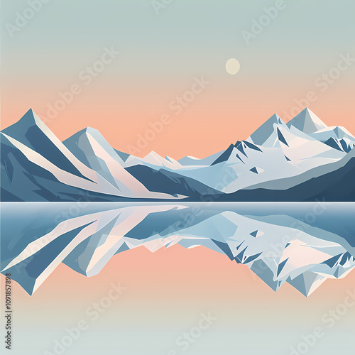 A serene landscape featuring polygonal mountain peaks and a tranquil lake, reflecting the pastel hues of dawn.