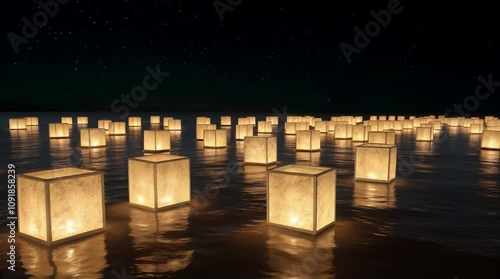Glowing cubic lanterns floating on water at night creating a serene ambiance for peaceful reflection