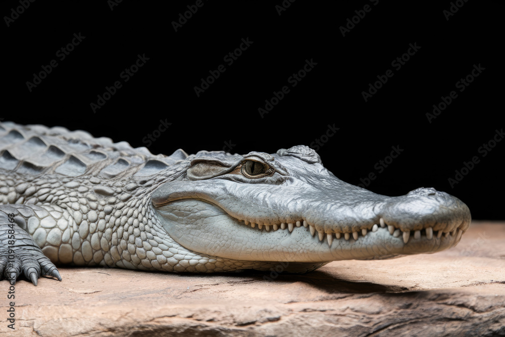 Fototapeta premium A crocodile is laying on a rock. The crocodile has a long snout and is looking at the camera. Black background