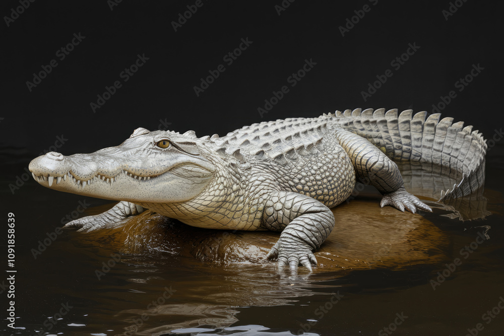 Fototapeta premium A large white alligator is laying on a rock in a body of water. The scene is calm and peaceful, with the alligator appearing to be relaxed and comfortable in its environment