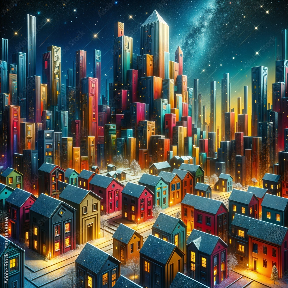 Obraz premium Vibrant skyscrapers loom over a colorful neighborhood of houses, creating a striking contrast against the night sky. The stars and Milky Way add a magical touch to this urban landscape. Gen, A.I.