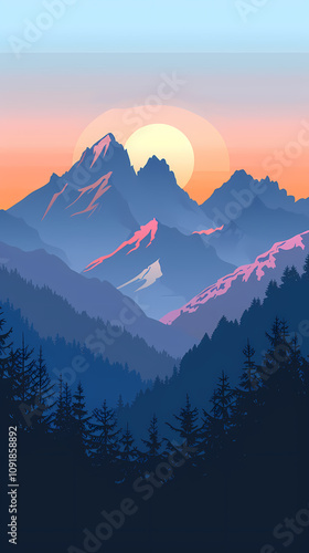 A serene mountain landscape at sunset, featuring majestic peaks and a warm color palette of pink, orange, and blue.