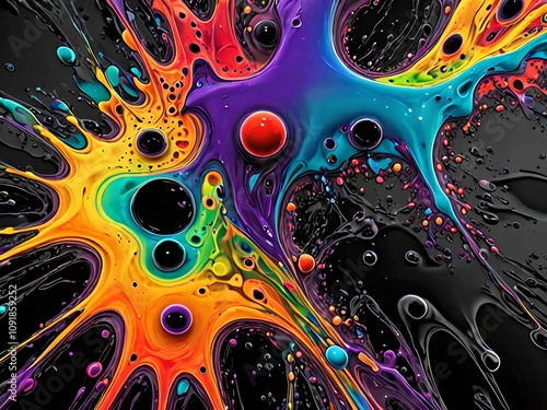 fond d'écran représentant une peinture abstraite colorée avec un fond noir, des gouttes liquides fluides et visqueuses.
