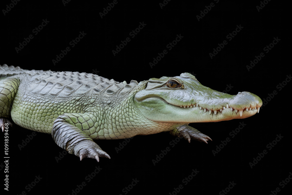 Fototapeta premium A baby alligator is laying on its back with its mouth open. The image has a calm and peaceful mood. Black background