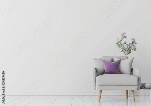 A modern armchair with a purple pillow in a minimalist white room with a potted plant