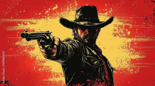 A stern cowboy aiming a revolver, set against a dramatic red and yellow splattered background.