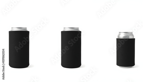Blank black collapsible beer can koozie mockup isolated, 3d rendering. Empty neoprene cooler holder mock up for tin beverage. Plain drinkware hugger design template. Clear fizzy pop soda sleeve isol