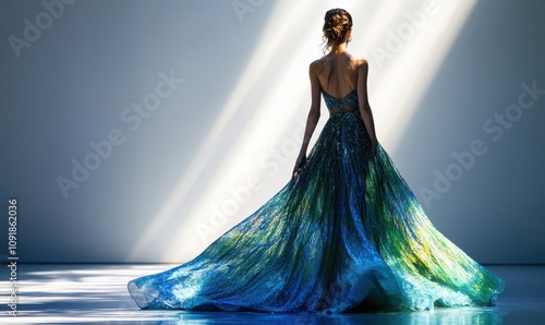 Model in an elegant blue and green gown with intricate details, walking down a runway with dramatic lighting. Concept: high fashion and couture.