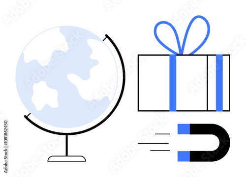 Globe, wrapped gift box, and moving magnet symbolize global reach, attracting presents, and magnetic influence. Ideal for globalization, gifts, attraction, education travel international business