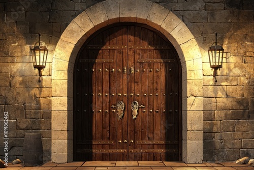 6. Medieval arch wooden doors in a castle  