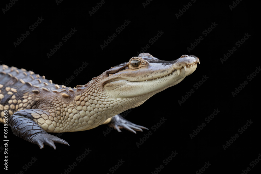 Fototapeta premium A baby alligator is looking at the camera. The image has a dark background, which makes the alligator stand out. Black background
