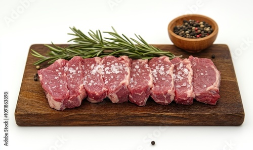Raw beef steaks on a wooden board with pink salt, peppercorns, and rosemary. Concept: fresh ingredients, culinary preparation.