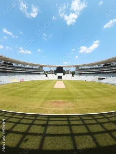 Vibrant cricket ground with green field, empty stadium seats, and clear blue sky on a sunny day, vivid, day photo