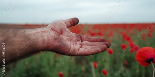 A single wounded hand, with old cuts and grime, resting gently on a poppy, a field-stretching endlessly under an overcast sky