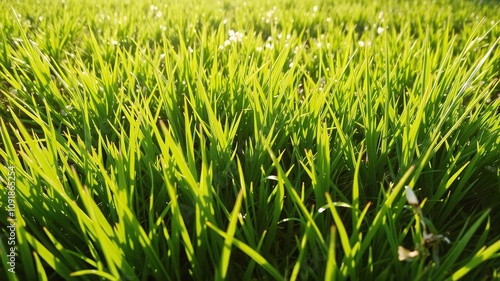 Vibrant green grass in the springtime sunlight, field, vibrant