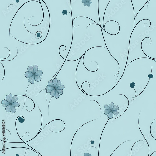 Seamless pattern of soft relaxing minimalist dark blue line drawing fine lines flowing botanical pattern curves and swirls on baby blue background