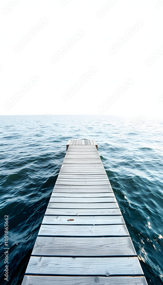 Fototapeta premium White wooden dock near body of water isolated with white highlights, png