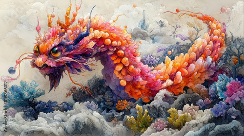 Wallpaper Mural A fantastic creature reminiscent of a Chinese dragon, executed in bright and saturated colors.   Torontodigital.ca