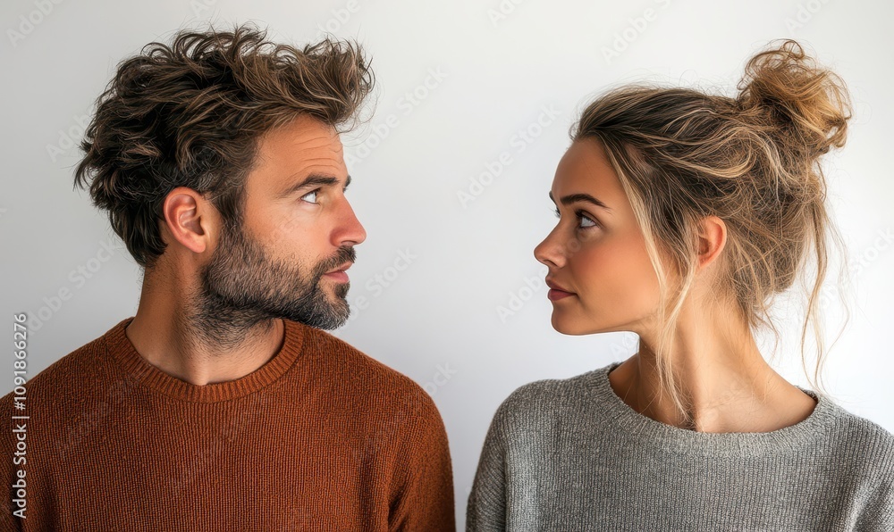Fototapeta premium A man and woman facing each other, exchanging a thoughtful gaze. Capturing emotional connection and communication between people.
