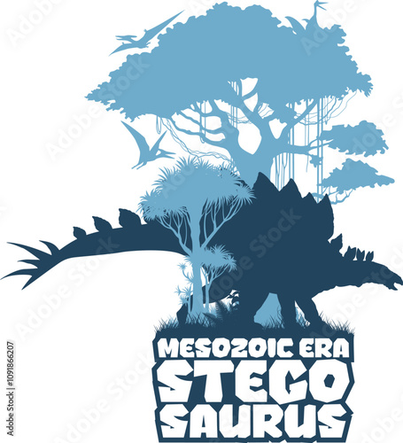 vector t-shirt design with Stegosaurus in jungle. Vector sticker with Stegosaurus and pterodactyl