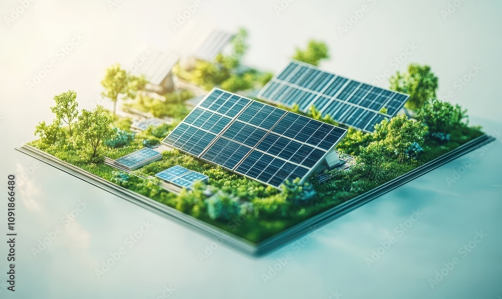 Fototapeta premium Solar panels in a green environment with sunlight reflecting off their surface, emphasizing sustainable energy and eco-friendly practices.