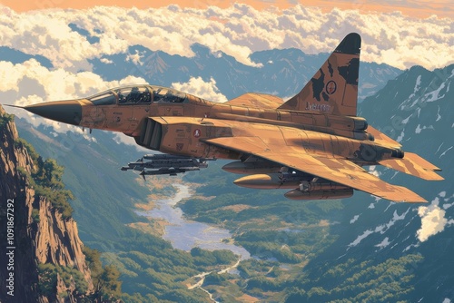 Dynamic depiction of a powerful F-20 fighter jet soaring gracefully over majestic mountain landscapes, showcasing advanced aviation technology  photo