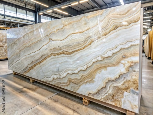 High-Resolution Photographic Image of a Large Slab of White and Beige Onyx Marble with Intricate Veining, Ideal for Interior Design and Luxury Applications photo