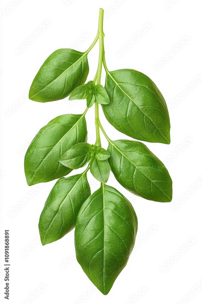 Obraz premium Fresh green basil leaves arranged attractively, perfect for culinary, gardening, or health-related projects in advertising, cookbooks, or blogs, Ideal for backgrounds or food styling,
