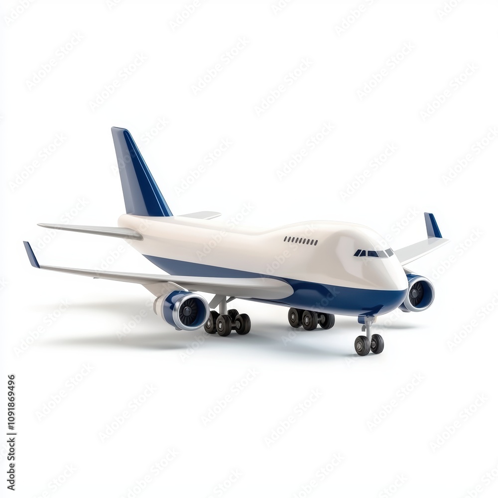 Fototapeta premium A sleek airplane model displayed against a plain background, ideal for travel and aviation-themed projects, advertisements, or educational materials focused on air transportation,
