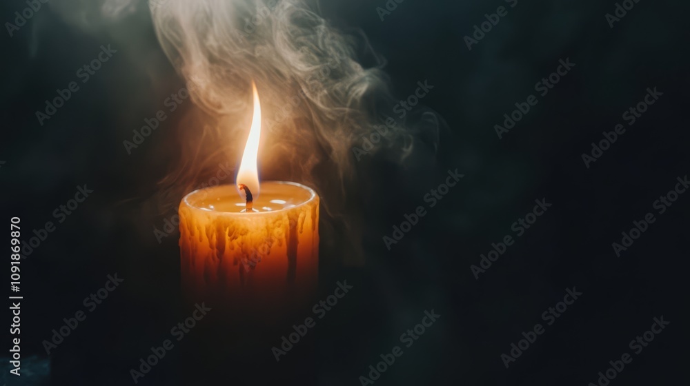 Fototapeta premium Lit candle with smoke on dark background.