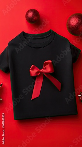 Elegant black t-shirt with vibrant red ribbon against a striking red backdrop in a professional studio photo