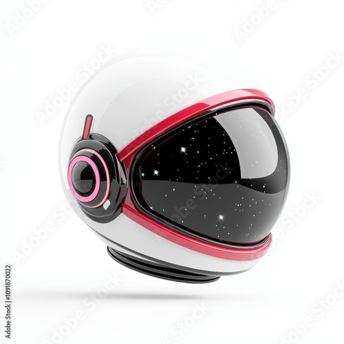 A sleek, modern astronaut helmet with a reflective visor, featuring a galaxy design, This image can be used for themes related to space exploration, science fiction, technology, or futuristic design, photo