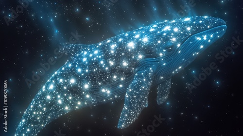 A magnificent digital representation of a whale filled with stars, set against a dark cosmic background, symbolizing the vastness of the universe, Ideal for themes of marine life photo