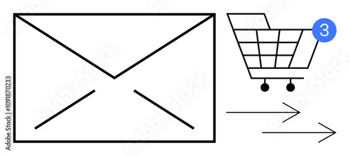Envelope icon and shopping cart with notification indicating three new items. Two arrows pointing right suggesting communication and transaction flow. Ideal for email marketing, online shopping