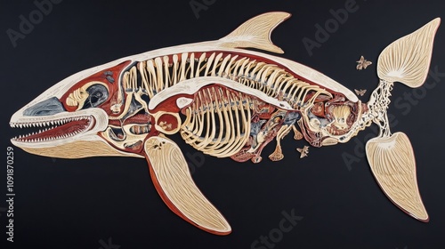 Detailed Anatomical Illustration of a Whale's Skeleton with Internal Organs and Biological Structures Against a Black Background photo