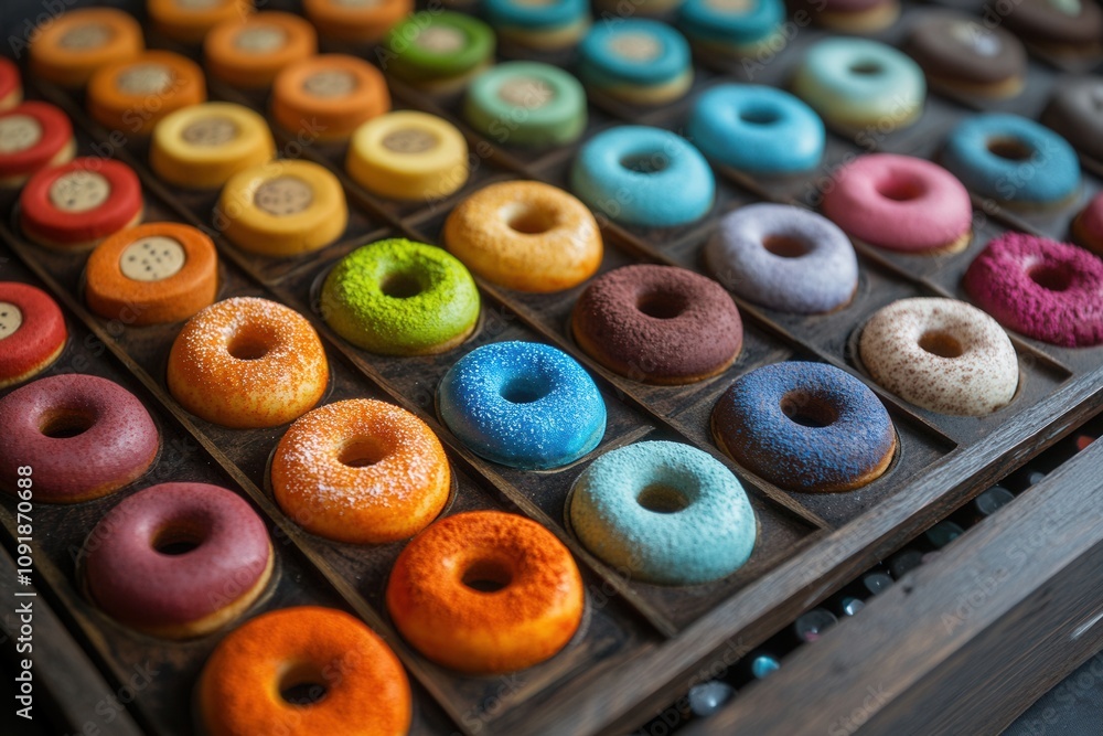 Fototapeta premium Colorful mini donuts organized in a wooden box, creating a vibrant food display