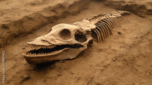 Fossilized Remains of an Ancient Marine Creature Unearthed in an Archaeological Dig, Revealing Intricate Details of its Skull and Skeleton photo