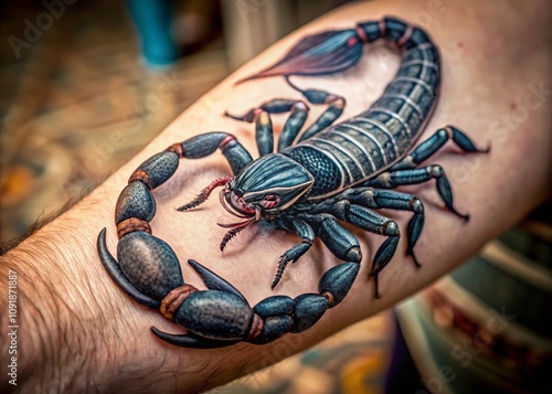 Intricate Scorpion Tattoo Design with High Depth of Field, Showcasing Artistic Details and Bold Lines, Perfect for Tattoo Enthusiasts and Designers Seeking Inspiration photo