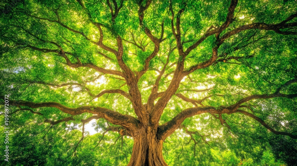 Obraz premium Majestic, lush green tree canopy viewed from below.