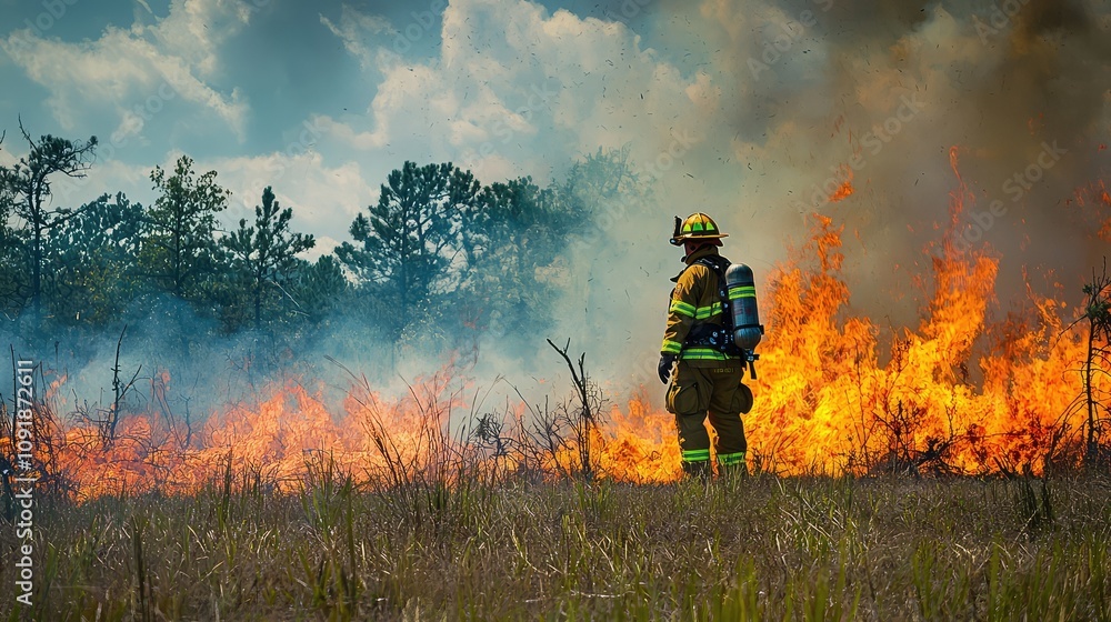 Fototapeta premium Brave Firefighter Battling Intense Wildfire Amidst Thick Smoke and Flaming Landscape, Capturing the Courage and Dedication of First Responders in Emergency Situations